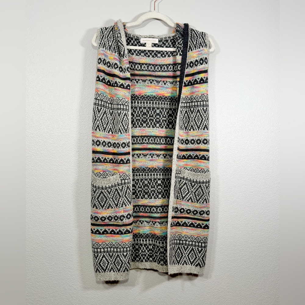 Monteau Vest Cardigan Long Knit Hood Geometric Rainbow Pattern Gray Women Small